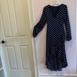 Endless Rose Navy Polka Dot Long Sleeve Cocktail Party Dress, Tailored Vneck